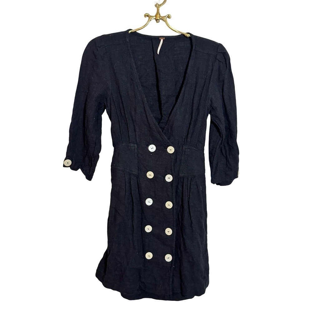 Free People‎ Mini Dress Black Button Front 3/4 Sleeve Bohemian Casual